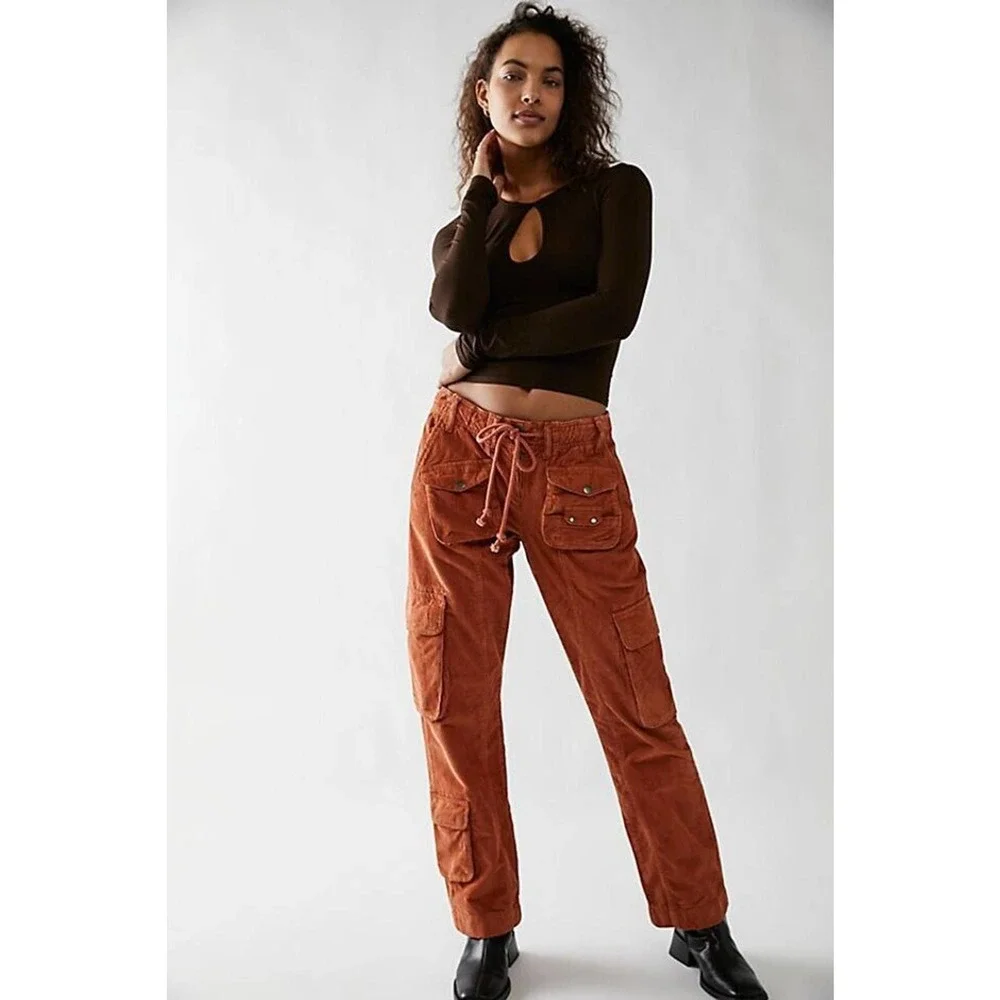 Free People Tahiti Cord Cargo Pants Pull On Drawstring Waist Size Small Orange - Picture 1 of 9